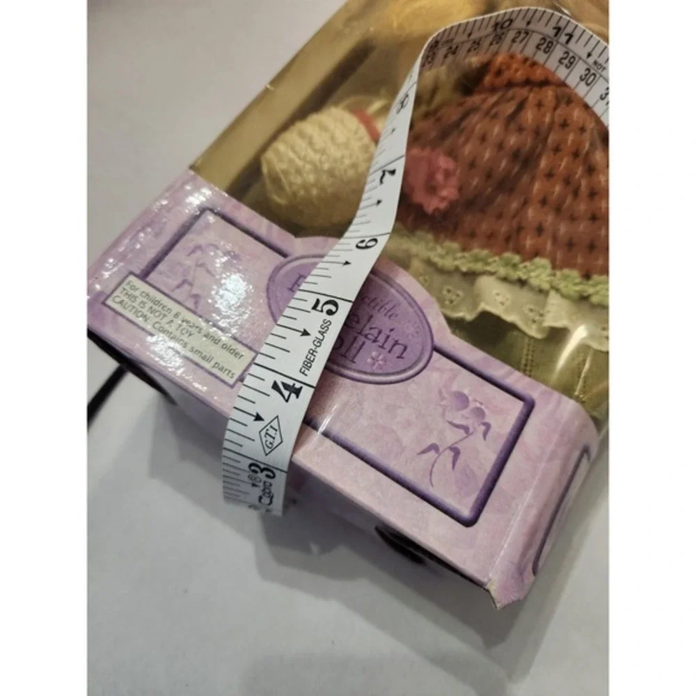 Collectable Porcelain Doll in Box Blonde Hair Blue Eyes Brown Dress FlowerBasket - Picture 7 of 7